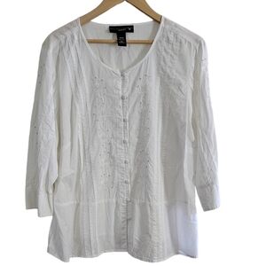 Venezia White Cotton Embroidered Detail Tunic Top Size 18/20 3/4 Sleeve W/Detail